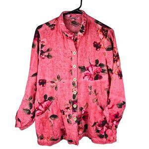John Mark S Pink Floral Linen Button-Down Lagenlook Tunic Top With Pockets